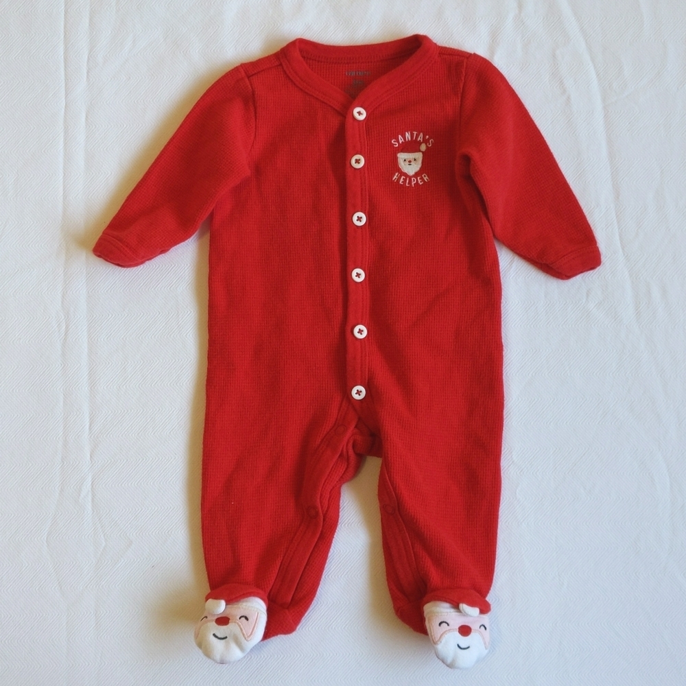 carter's christmas santa thermal waffle knit henley footie sleeper pajamas 3 mo